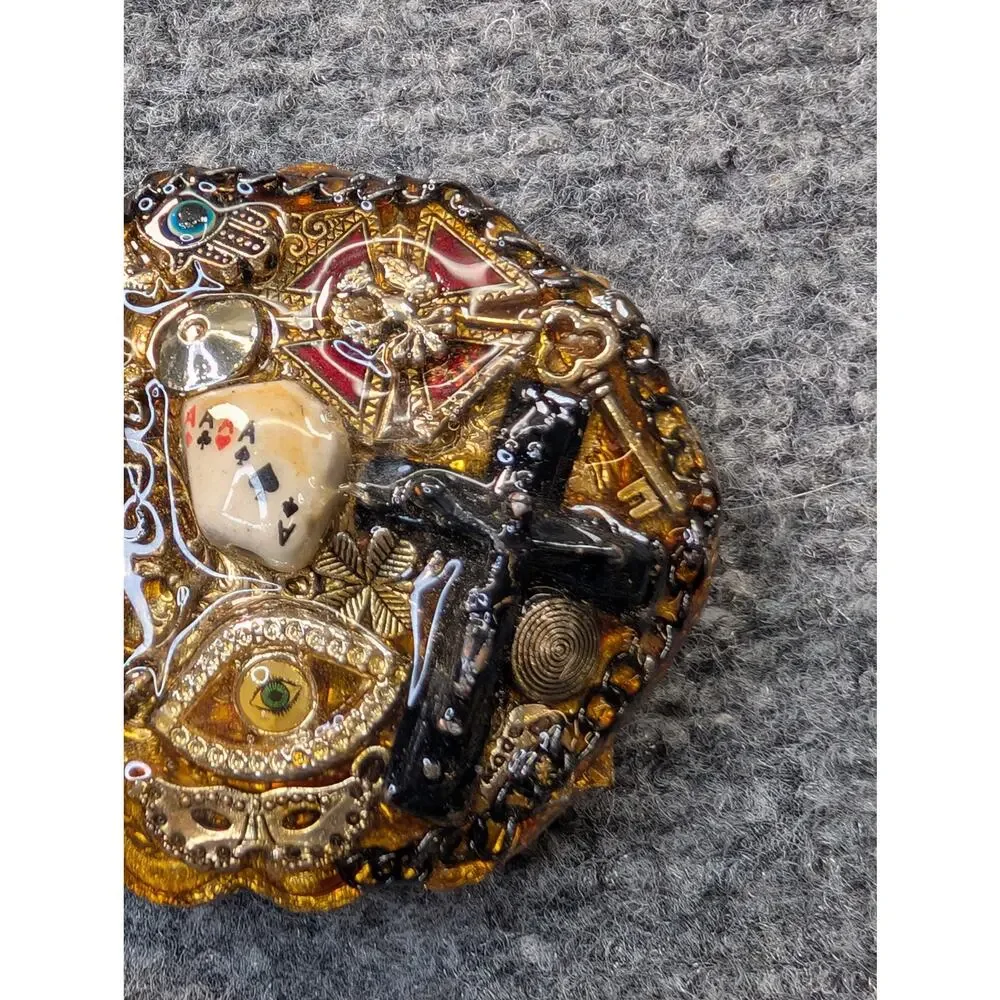 Vintage Artisan Belt Buckle Mixed Media Cross Eye Playing Cards Paris‎ Mask Rare